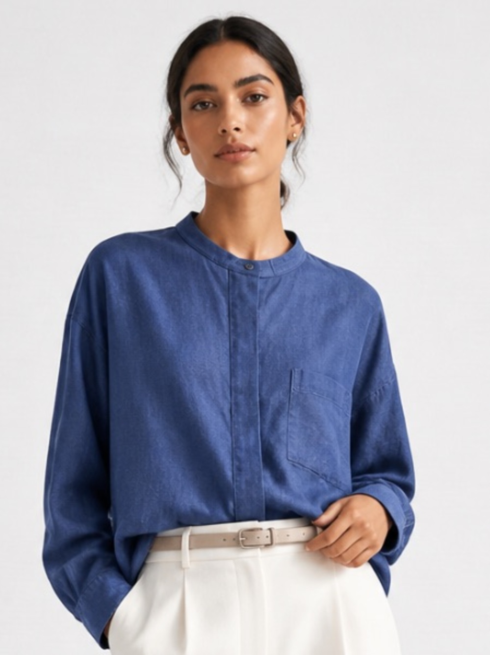 AYR Shirt Top Button Down Linen Blend Denim Blue Boxy Small